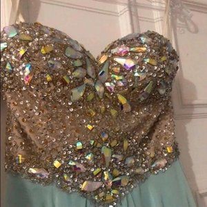 Terani Couture Turquoise Strapless Dress With Crystals